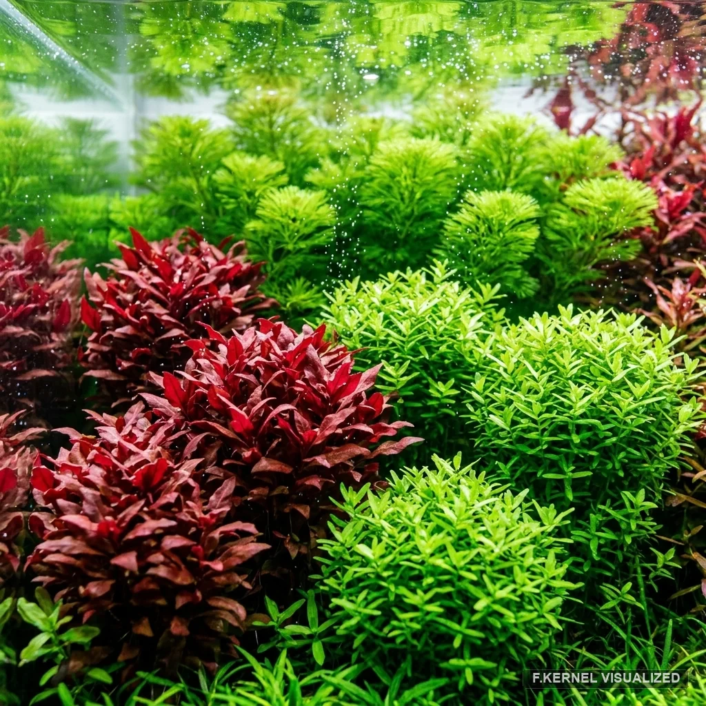 Bể thủy sinh phong c&aacute;ch H&agrave; Lan với c&aacute;c cụm c&acirc;y đỏ xanh xếp h&agrave;ng lối