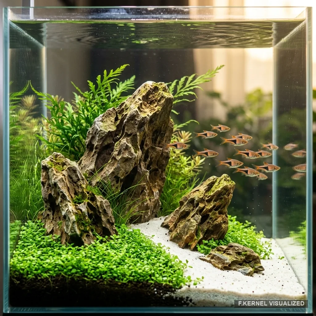 Bố cục đ&aacute; Iwagumi phong c&aacute;ch Tự Nhi&ecirc;n với thảm cỏ xanh v&agrave; đ&agrave;n c&aacute; Rasbora