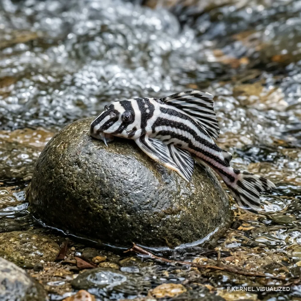 Zebra Pleco b&aacute;m tr&ecirc;n những tảng đ&aacute; nhẵn nhụi dưới d&ograve;ng chảy xiết