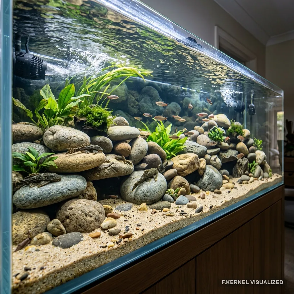 Bể Biotope Rio Xingu đặc trưng với đ&aacute; cuội tr&ograve;n v&agrave; d&ograve;ng chảy mạnh